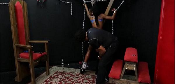  Black slave Harmonys ebony spanking and tied up whipping on bondage cross of dar